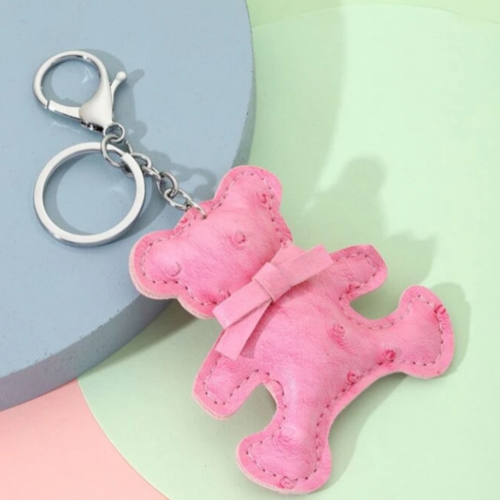 LEATHER PINK TEDDY BEAR KEYCHAIN OR PURSE CHARM - Picture 1 of 3
